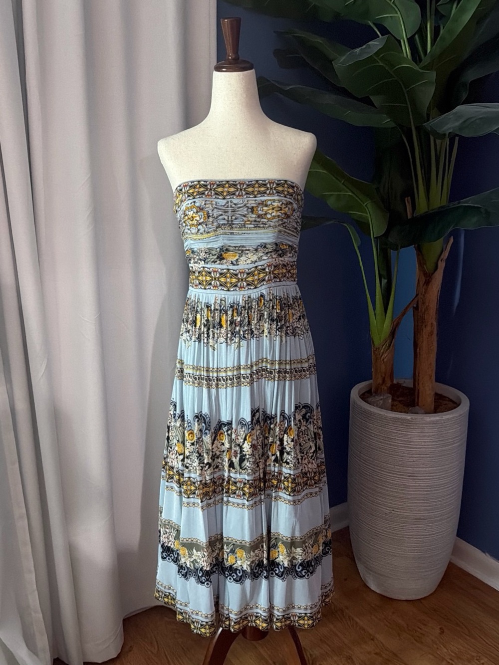 White House Black Market Strapless Light Blue Printed Midi Dress